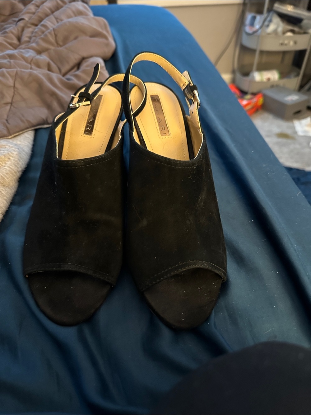 Tahari Black Suede Open-Toe Slingback Mules